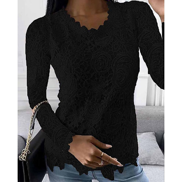 Women's Shirt Blouse White Eyelet Tops Black White Pink Plain Lace Long Sleeve Work Streetwear Casual Round Neck Regular Floral S