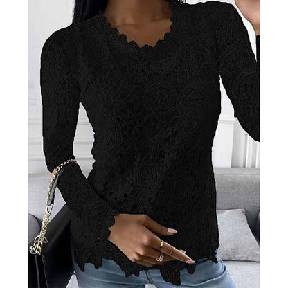 Women's Shirt Blouse White Eyelet Tops Black White Pink Plain Lace Long Sleeve Work Streetwear Casual Round Neck Regular Floral S