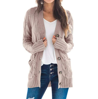 Women's Cardigan Sweater Open Front Cable Chunky Knit Button Pocket Fall Winter Tunic Daily Casual Soft Long Sleeve Solid Color Dark powder Black White S M L