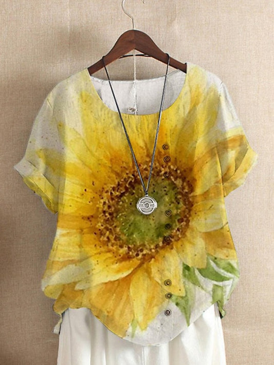 Women's T shirt Tee Sunflower Holiday Weekend Button Print Yellow Short Sleeve Fashion Round Neck Summer