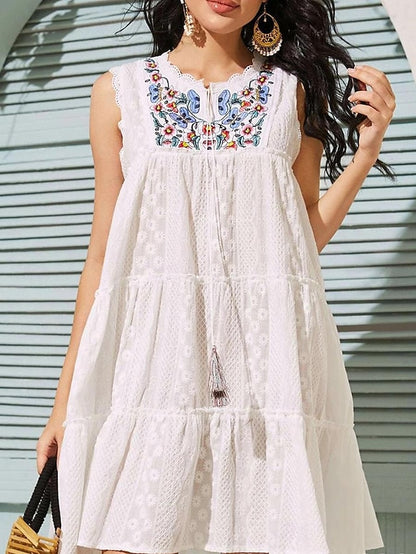 Women's White Dress Lace Dress Casual Dress Mini Dress Cotton Lace Ruffle Date Vacation Maxi V Neck Sleeveless White Color