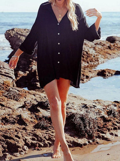 Women's White Dress Shirt Dress Cover Up Mini Dress Button Vacation Beach Hawaiian Shirt Collar Long Sleeve Black White Color