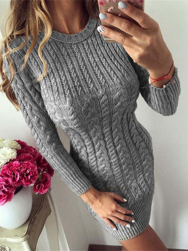 Women's Sweater Dress Crew Neck Cable Knit Cotton Acrylic Hollow Out Fall Winter Outdoor Sport Going out Stylish Casual Soft Long Sleeve Solid Color Silver Light Blue claret S M L