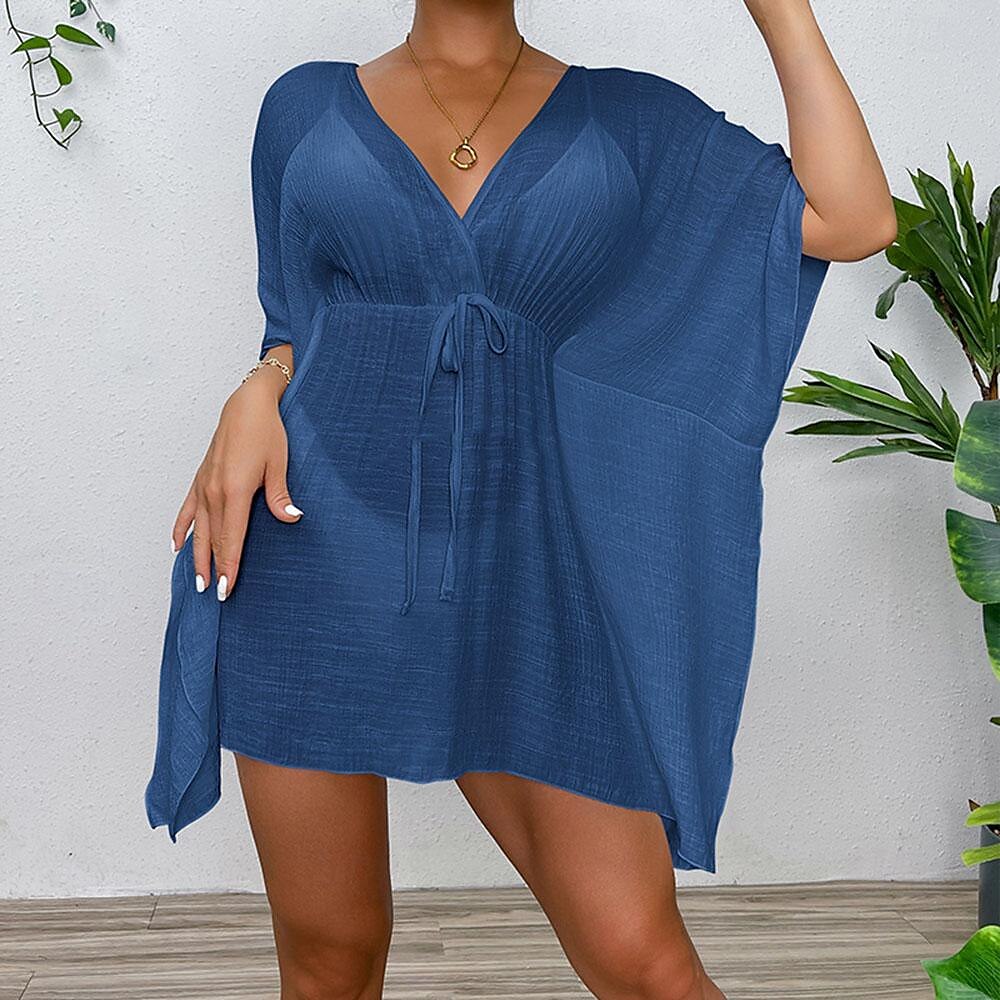 Women's Summer Dress Cover Up Drawstring Beach Wear Holiday Long Sleeve Black White Blue Color