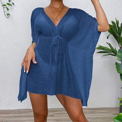 Women's Summer Dress Cover Up Drawstring Beach Wear Holiday Long Sleeve Black White Blue Color