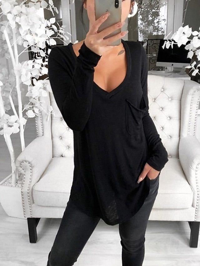 Women's T shirt Tee Tunic Black White Pink Solid Colored Pocket Long Sleeve Casual Daily Basic V Neck Regular Loose Fit S