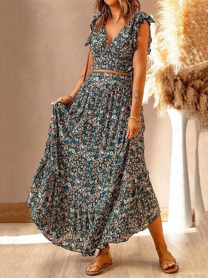 Women's Two Piece Dress Set Casual Dress Skirt Set Floral Dress Holiday Vacation Bohemia Vintage Ruffle Print Long Dress Maxi Dress V Neck Sleeveless Floral Regular Fit Blue Green Rainbow Summer S M