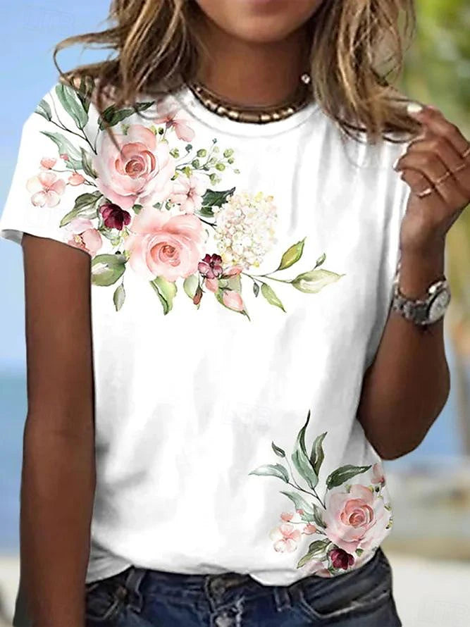 Women's T shirt Tee Floral Vacation Weekend Print Pink Short Sleeve Fashion Round Neck Summer