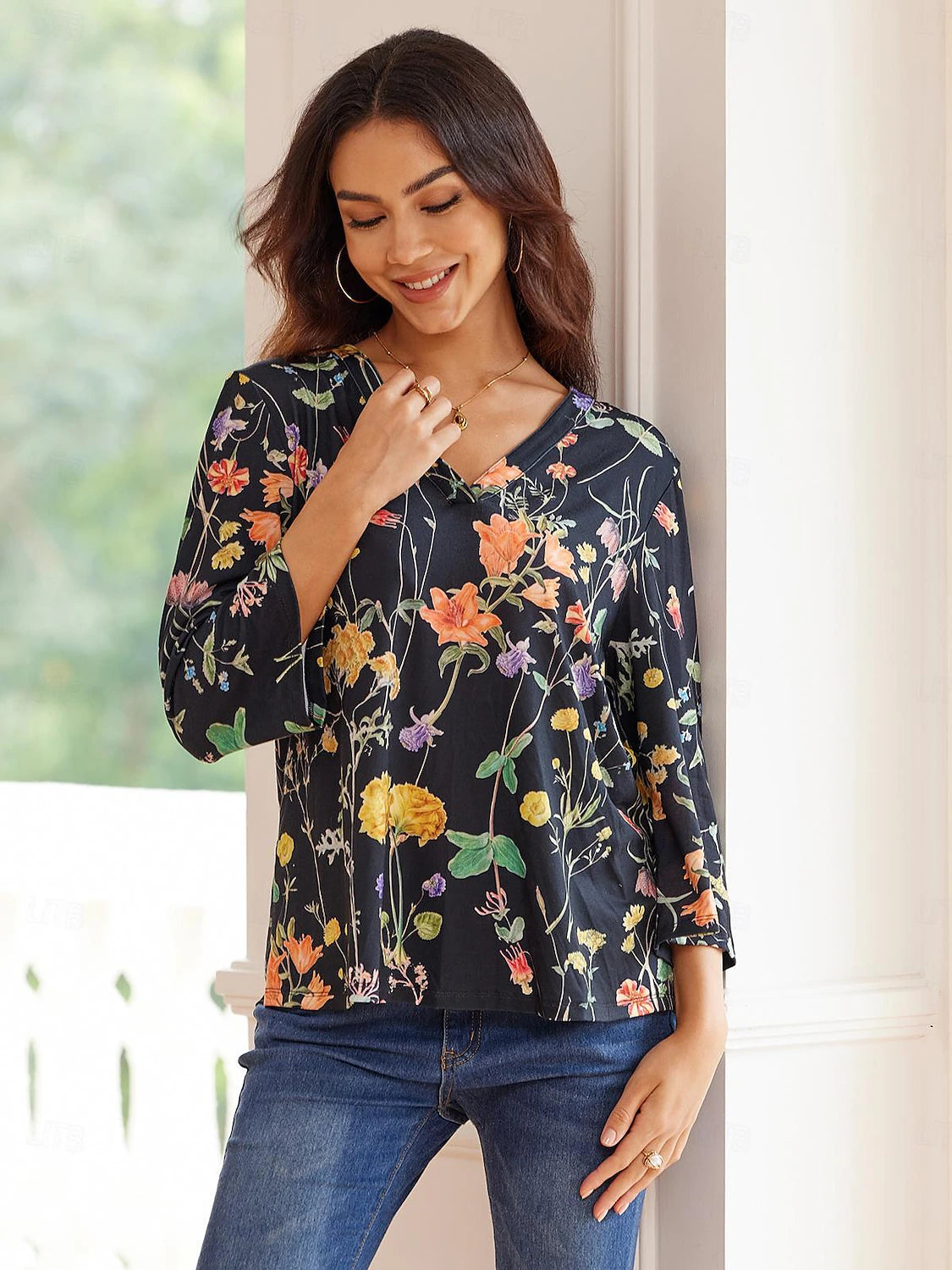 Women's Shirt Blouse Floral Print Black 3/4 Length Sleeve V Neck Summer