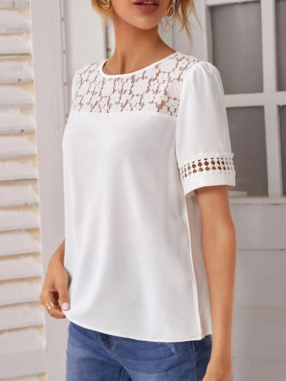 Women's Shirt Blouse Plain Daily Lace Black Short Sleeve Casual Crew Neck Summer