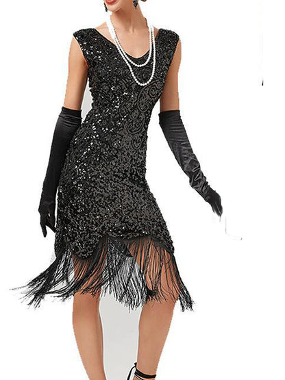 Women's Sequins Tassel Fringe Sequin Dress Midi Dress Elegant Floral V Neck Sleeveless Party Halloween Spring Fall Black Pink