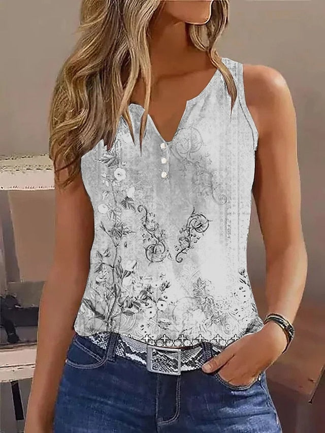 Women's Tank Top Floral Casual Holiday Button Print White Short Sleeve Basic V Neck