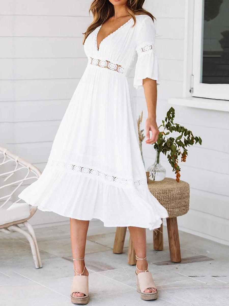 Women's White Dress Lace Dress Casual Dress Midi Dress Lace Patchwork Date Vacation Elegant Streetwear V Neck 3/4 Length Sleeve White Color