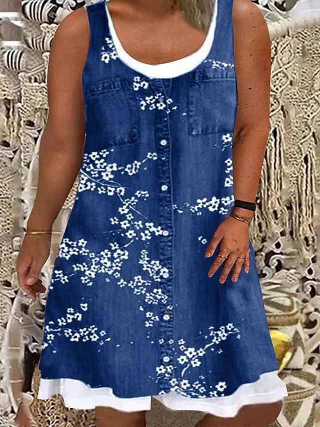 Women‘s Plus Size Curve Casual Dress Tank Dress Floral Midi Dress Sleeveless Button Fake two piece U Neck Fashion Outdoor Blue Sky Blue Summer Spring L XL XXL 3XL 4XL