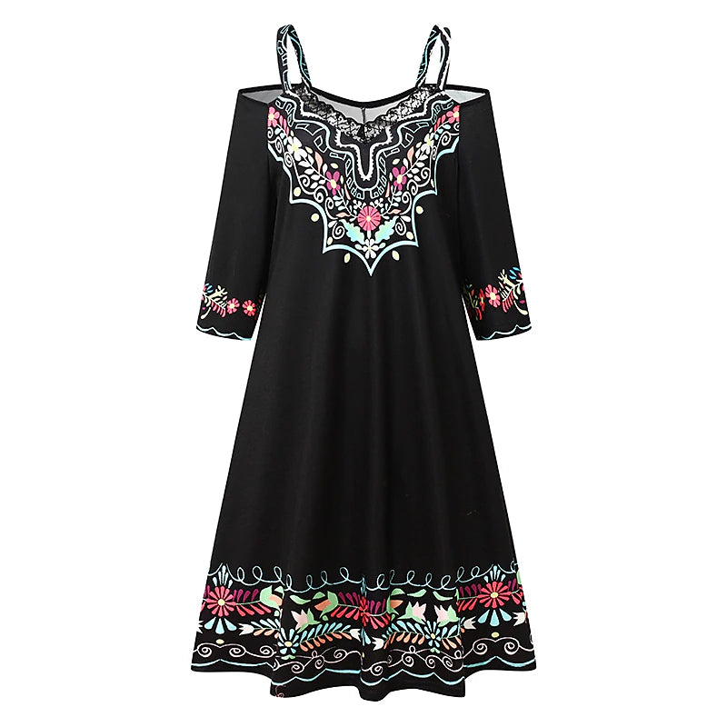 Women‘s Casual Dress Ethnic Dress Mini Dress Black 3/4 Length Sleeve Pure Color Print Summer Spring Fall V Neck Stylish 2023 S M L XL XXL 3XL