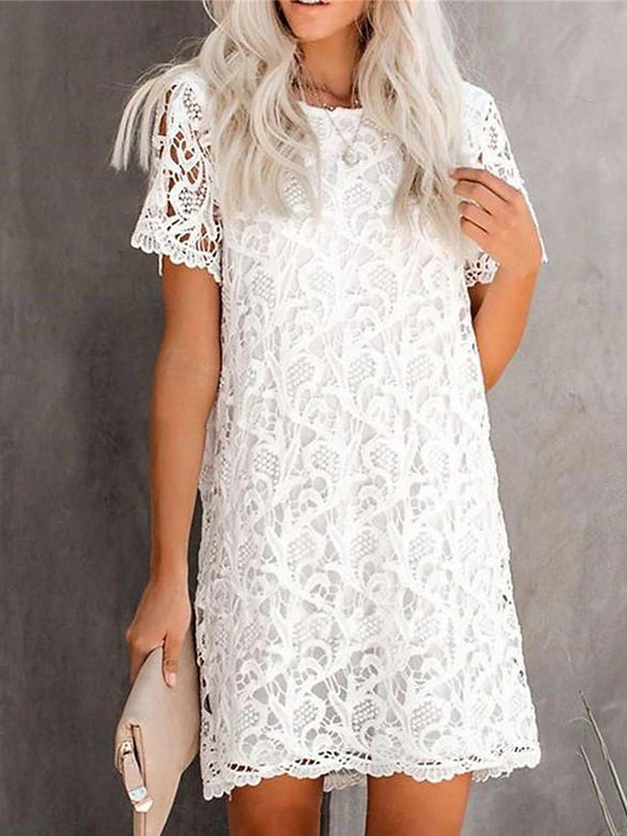 Women's Work Dress Semi Formal Dress White Lace Wedding Dress Elegant Mini Dress with Sleeve Crew Neck Short Sleeve Plain Loose Fit White Summer Spring S M L XL XXL