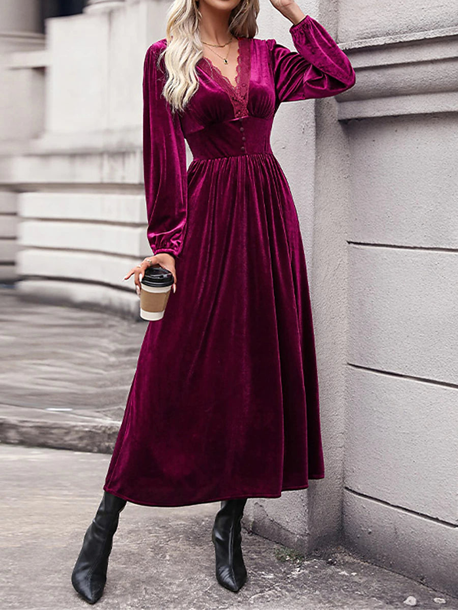 Women's Velvet Dress Casual Dress Winter Dress Long Dress Maxi Dress Lace Ruched Daily Date Elegant Fashion V Neck Long Sleeve Wine Color