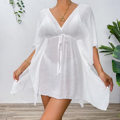 Women's Summer Dress Cover Up Drawstring Beach Wear Holiday Long Sleeve Black White Blue Color