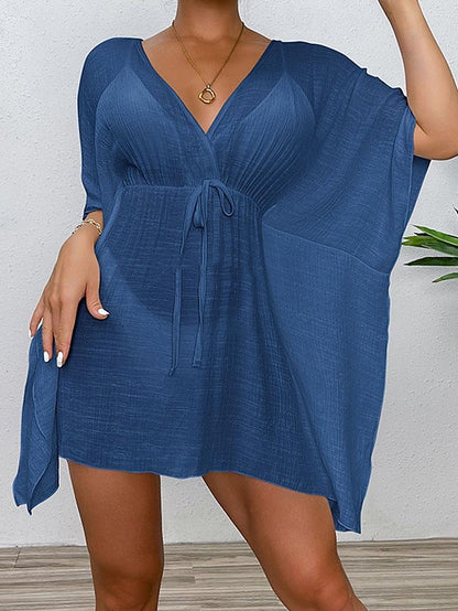 Women's Summer Dress Cover Up Drawstring Beach Wear Holiday Long Sleeve Black White Blue Color