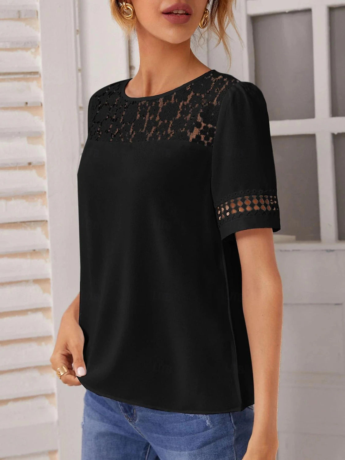 Women's Shirt Blouse Plain Daily Lace Black Short Sleeve Casual Crew Neck Summer