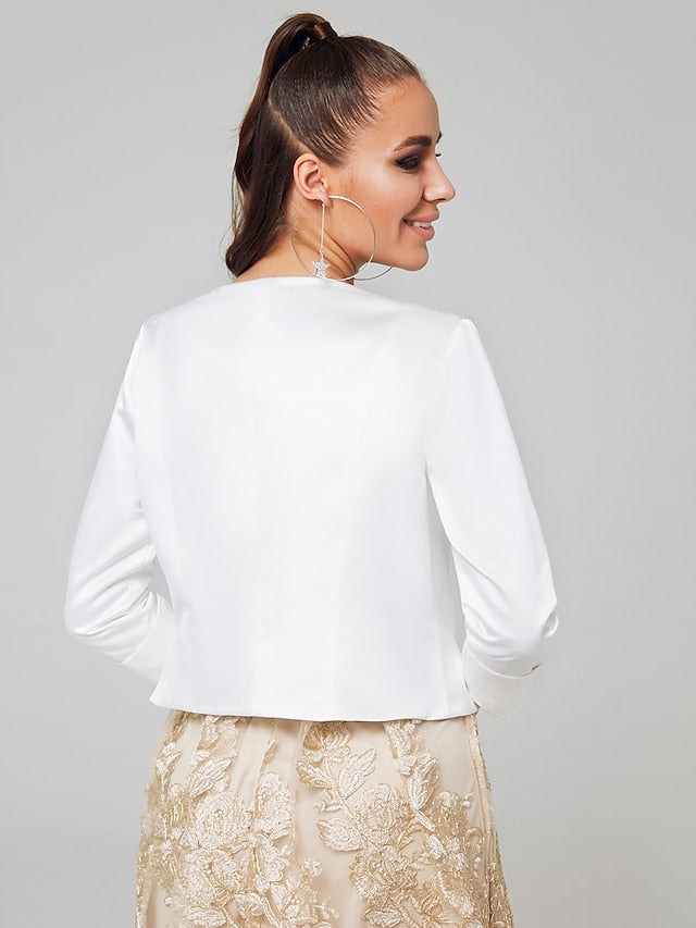 Women's Satin Long Sleeve White Open Front Bolero Shrug Coats Jackets Casual Elegant Pure Color Open Front Slim Fit For Party Evening Mother of Bride  Wedding Guest Simple Wedding Wraps Spring & Fall - LuckyFash™