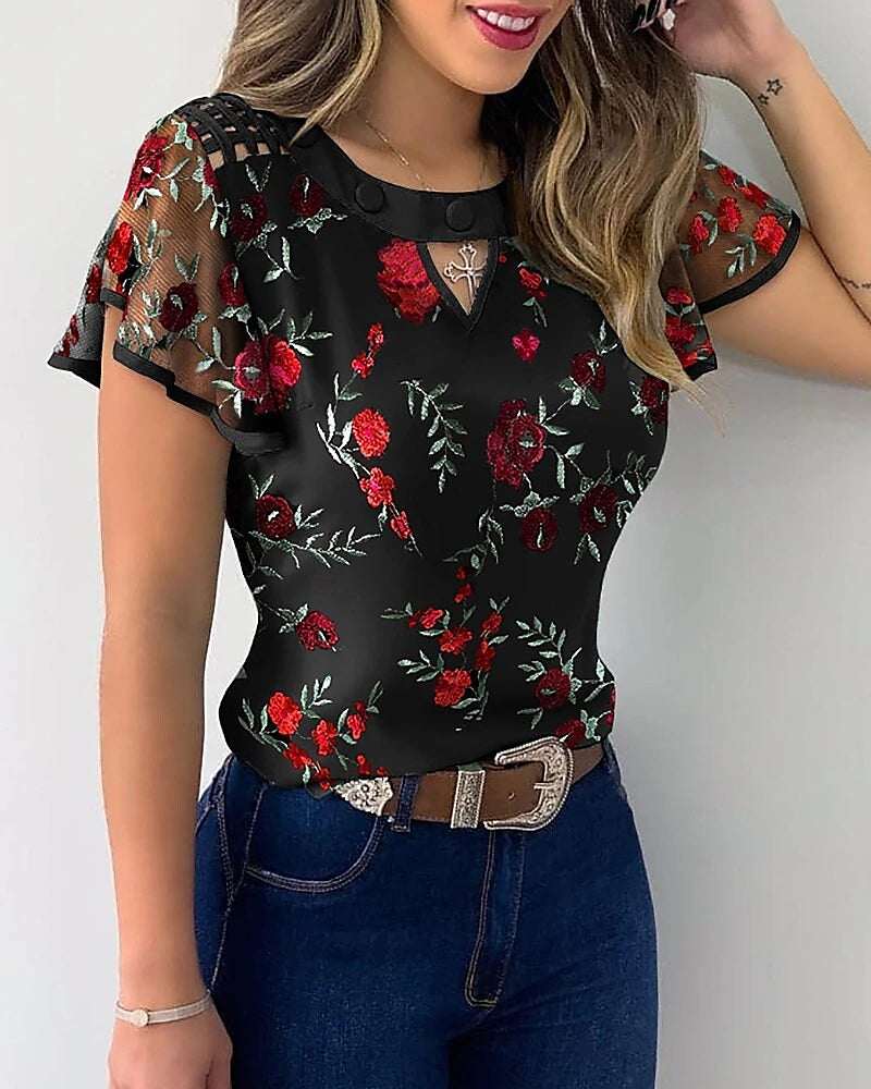 Women's Shirt T shirt Tee Blouse Eyelet top Floral Flower Casual Daily Black Short Sleeve Elegant Round Neck Summer