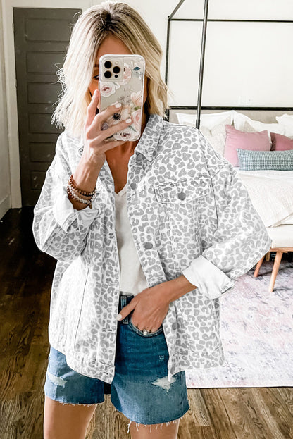 White Leopard Printed Flap Pocket Denim Jacket