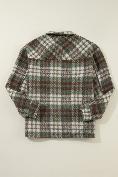 Mist Green Plaid Print Chest Pockets Turn Down Collar Shacket