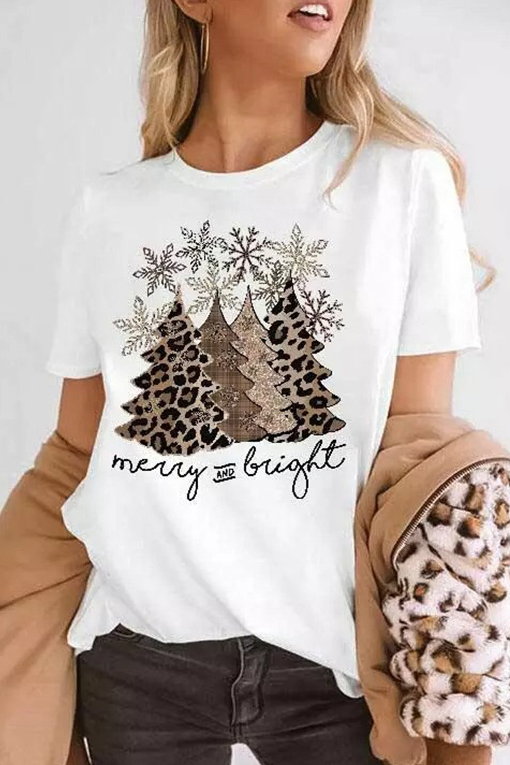 White Leopard Christmas Tree Graphic Crew Neck T Shirt