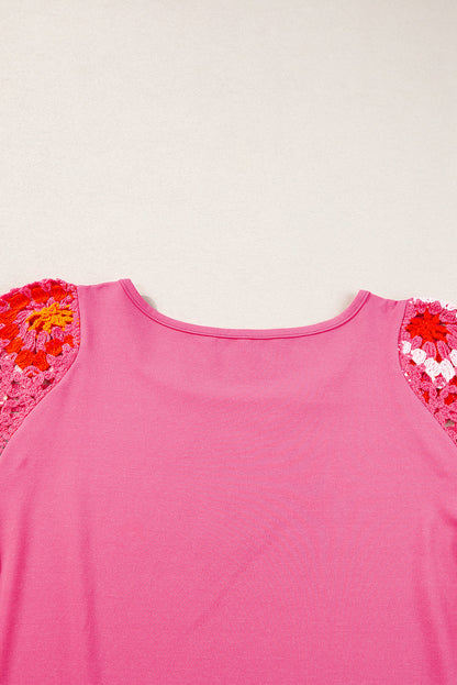 Strawberry Pink Floral Crochet Short Sleeve Top