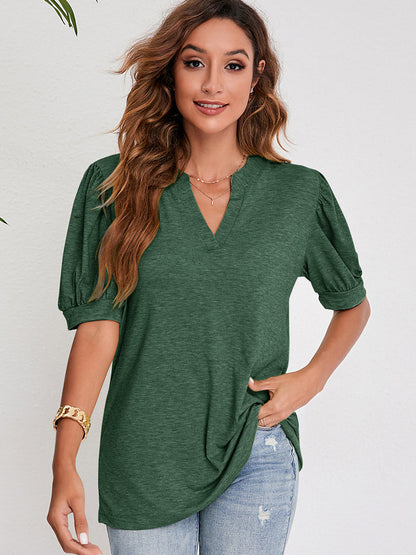 T-Shirts - V-Neck Solid Color Puff Sleeve Loose T-Shirt - MsDressly