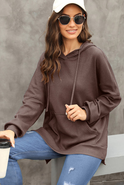 Coffee Waffle Knit Fleece Lined High Low Oversized Hoodie