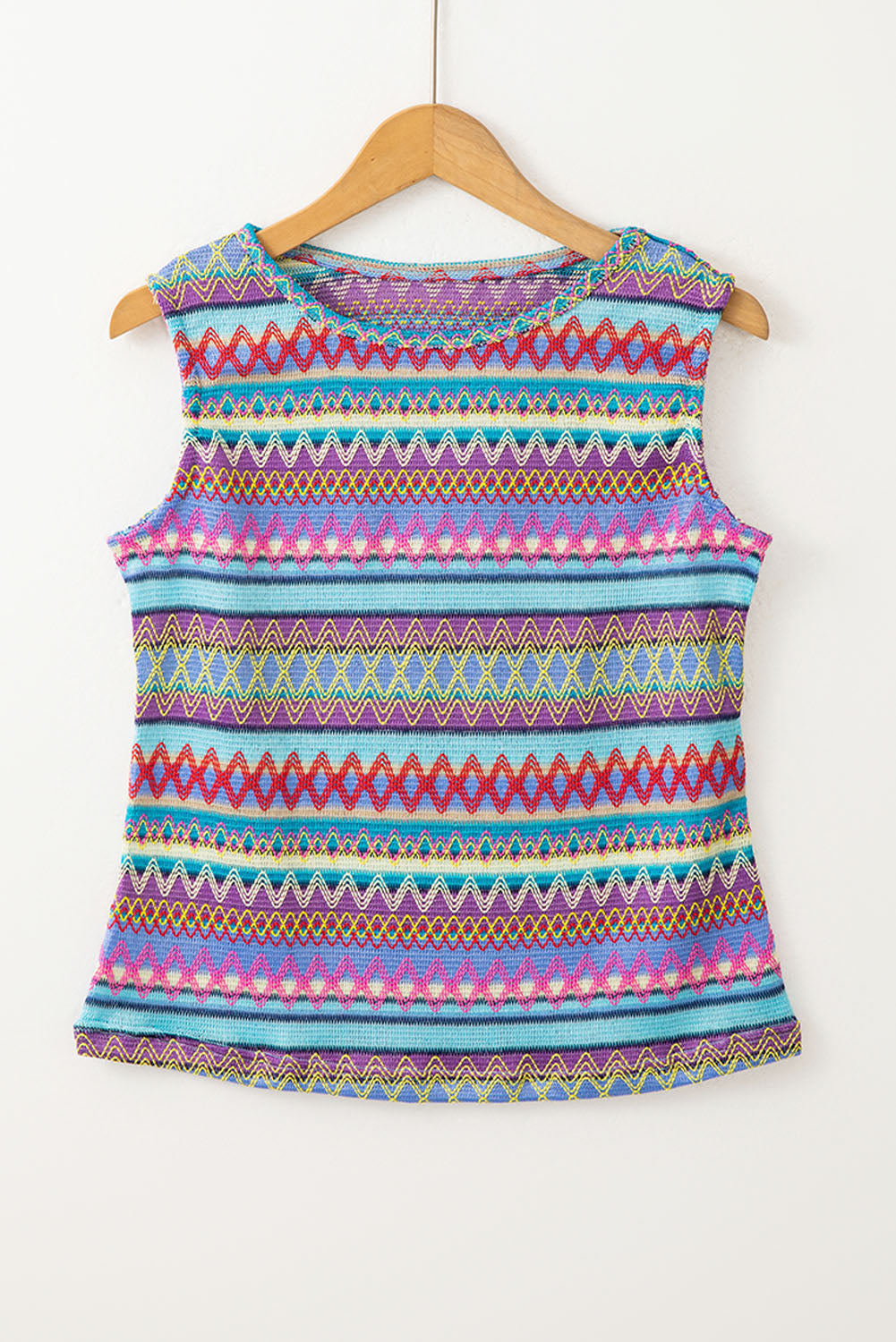 Light Blue Ethnic Wavy Pattern Round Neck Sleeveless Top