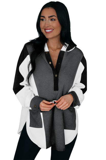 Black Color Block Exposed Seam Buttoned Neckline Hoodie