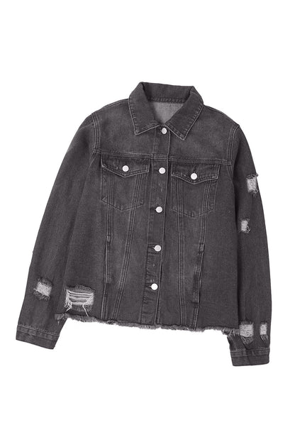 Black Lapel Distressed Raw Hem Buttons Denim Jacket