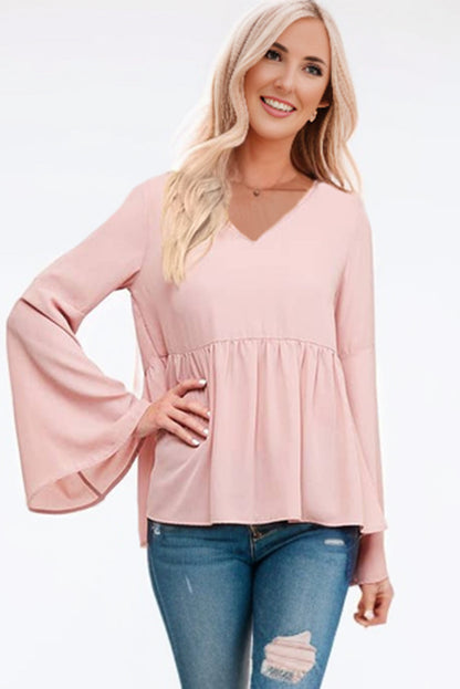 Pink V-Neck Bell Sleeve Back-Tie Ruffled Blouse