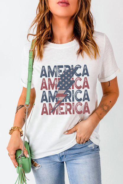 AMERICA Flag Lightning Print White Tee