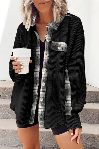 Black Plaid Patchwork Waffle Thermal Knit Shacket