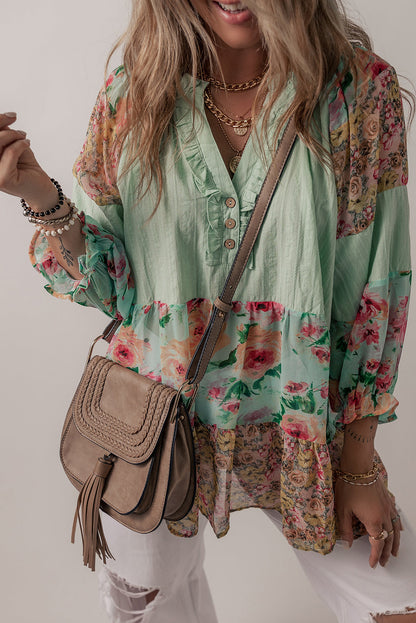 Green Printed Floral Patchwork Frilled Split Neck Blouse