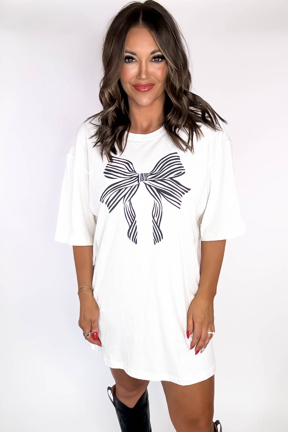 White Striped Bow Knot Half Sleeve Tunic T Shirt