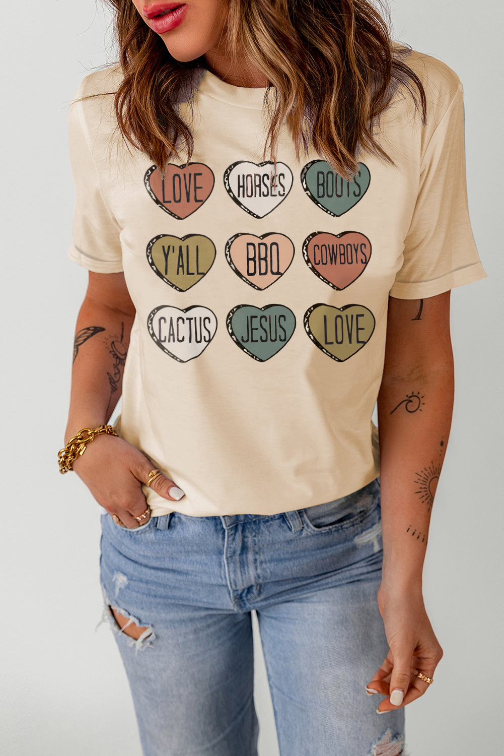 Khaki Heart Shaped Graphic Cowgirl T Shirt