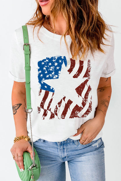 White American Flag Star Graphic Crew Neck T Shirt