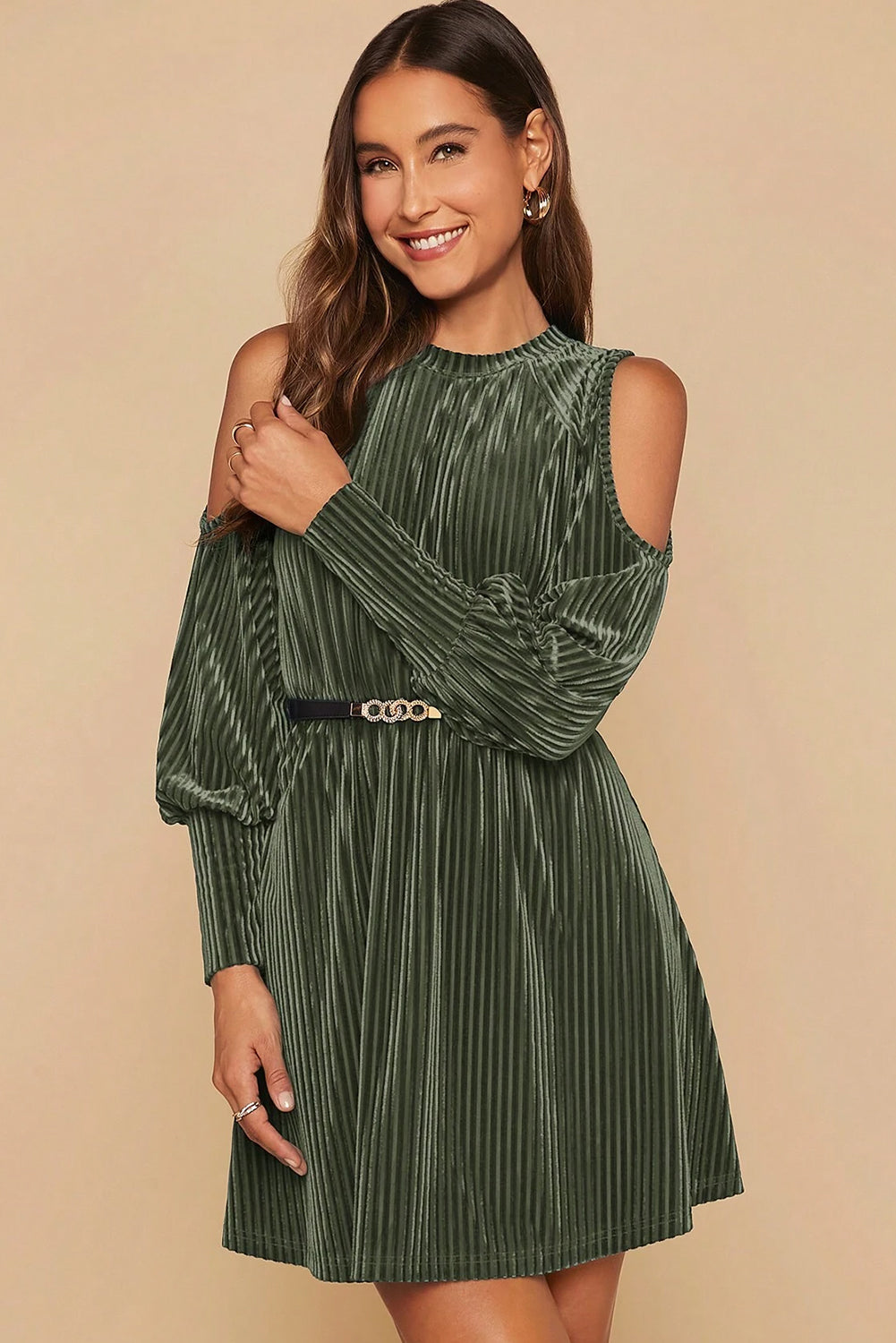 Mist Green Velvet Textured Cold Shoulder Bishop Sleeve Flared Mini Dress