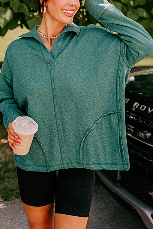 Evergreen Exposed Seam Collared Pocketed Loose Sweatshirt