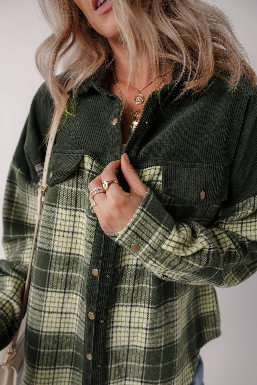 Blackish Green Snap Buttons Colorblock Plaid Shacket