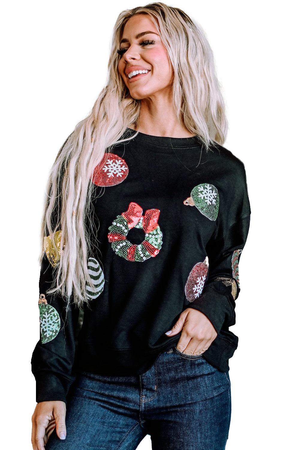 Black Sequined Christmas Graphic Pullover Sweatshirt