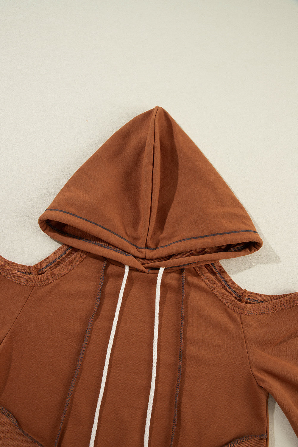 Cinnamon Exposed Seam Cold Shoulder Drawstring Hoodie