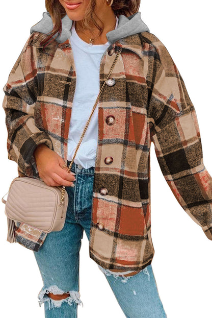 Orange Hooded Plaid Button Front Shacket