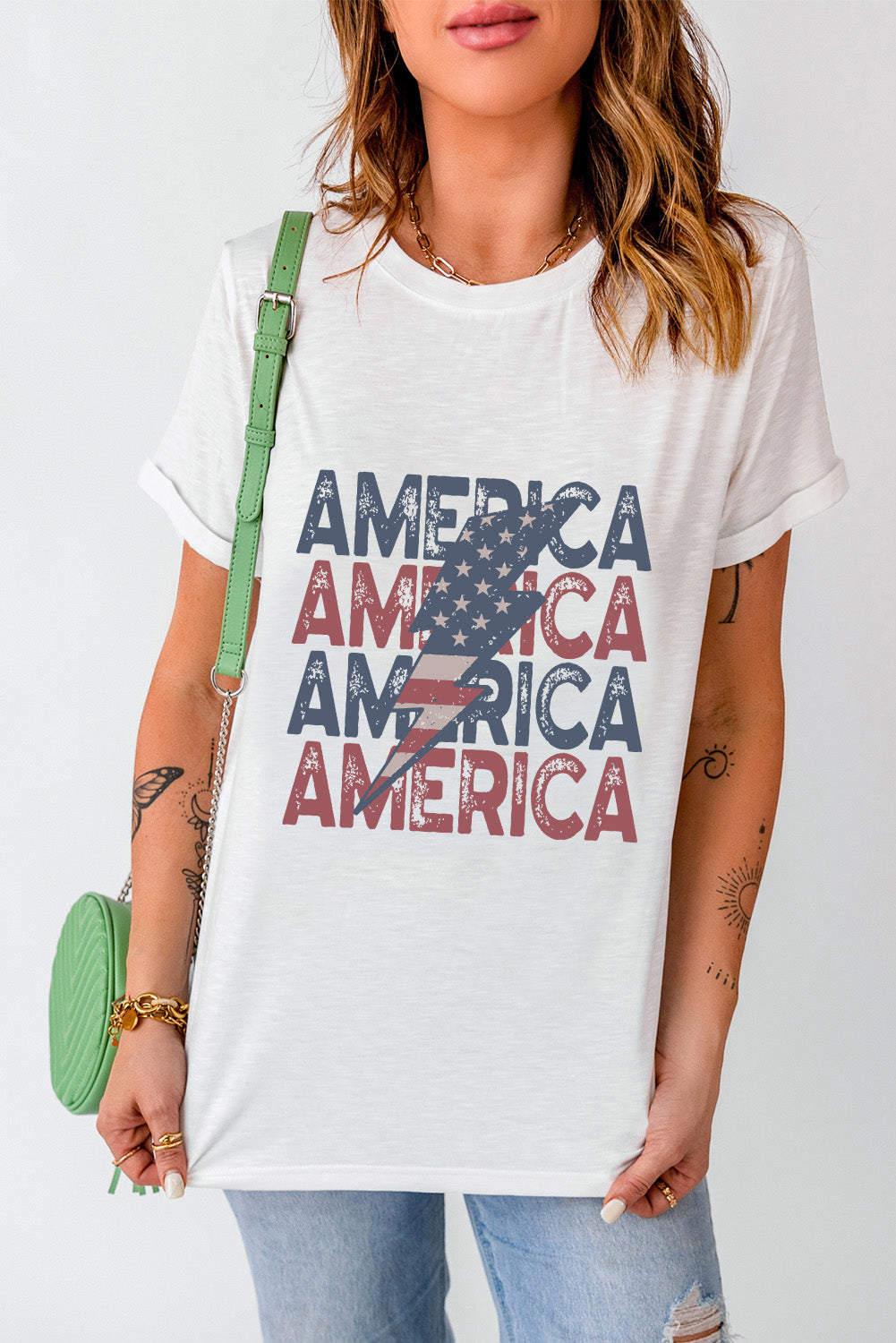 AMERICA Flag Lightning Print White Tee