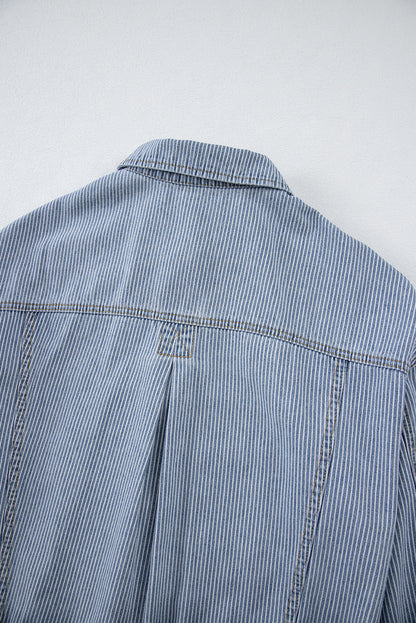 Sky Blue Stripe Washed Oversize Pocketed Denim Jacket